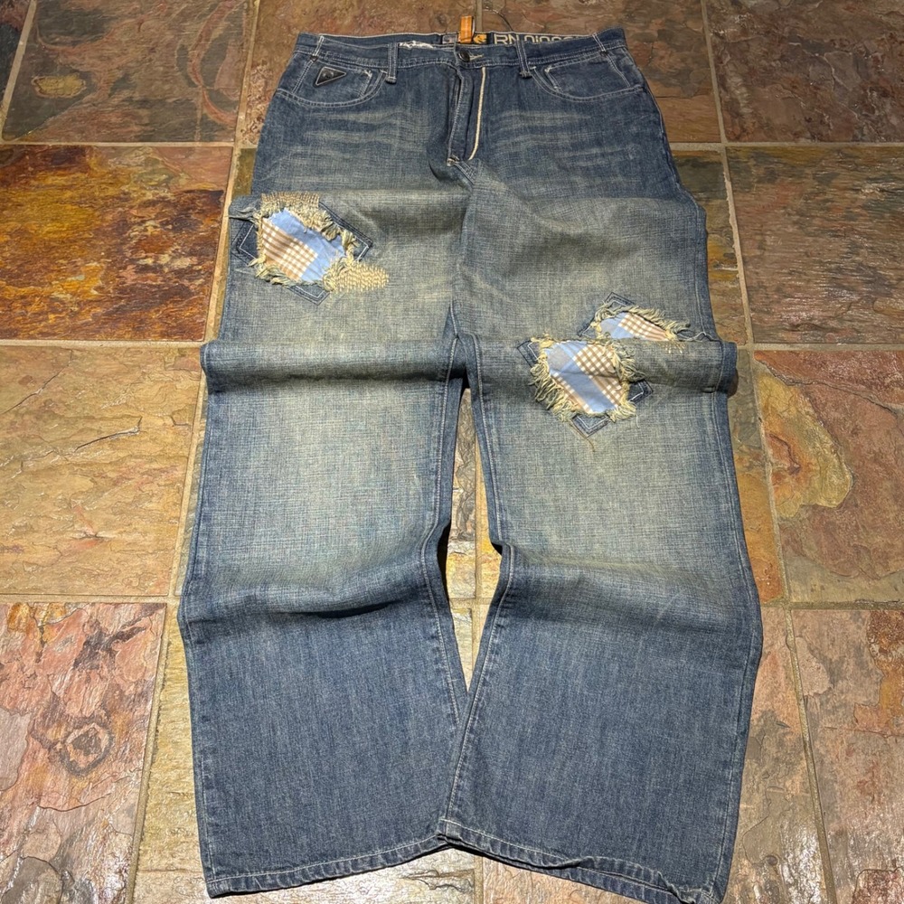 Akademiks Mens Baggy Distressed Plaid Patch Jeans Blue Y2K Streetwear 34x34